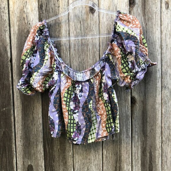 LA Hearts Patchwork Square Neck Puff Sleeves Crop Top Large - Picture 2 of 5